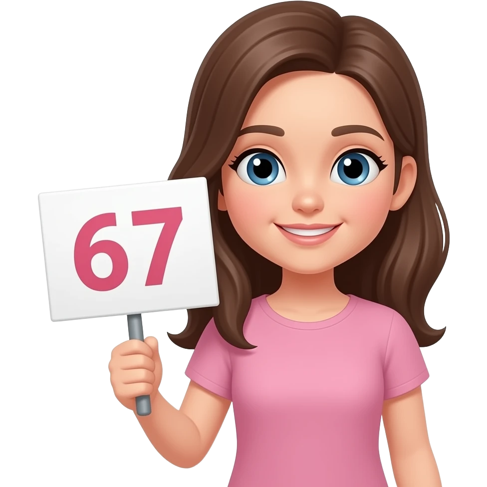 Create a girl holding a  67 number emoji