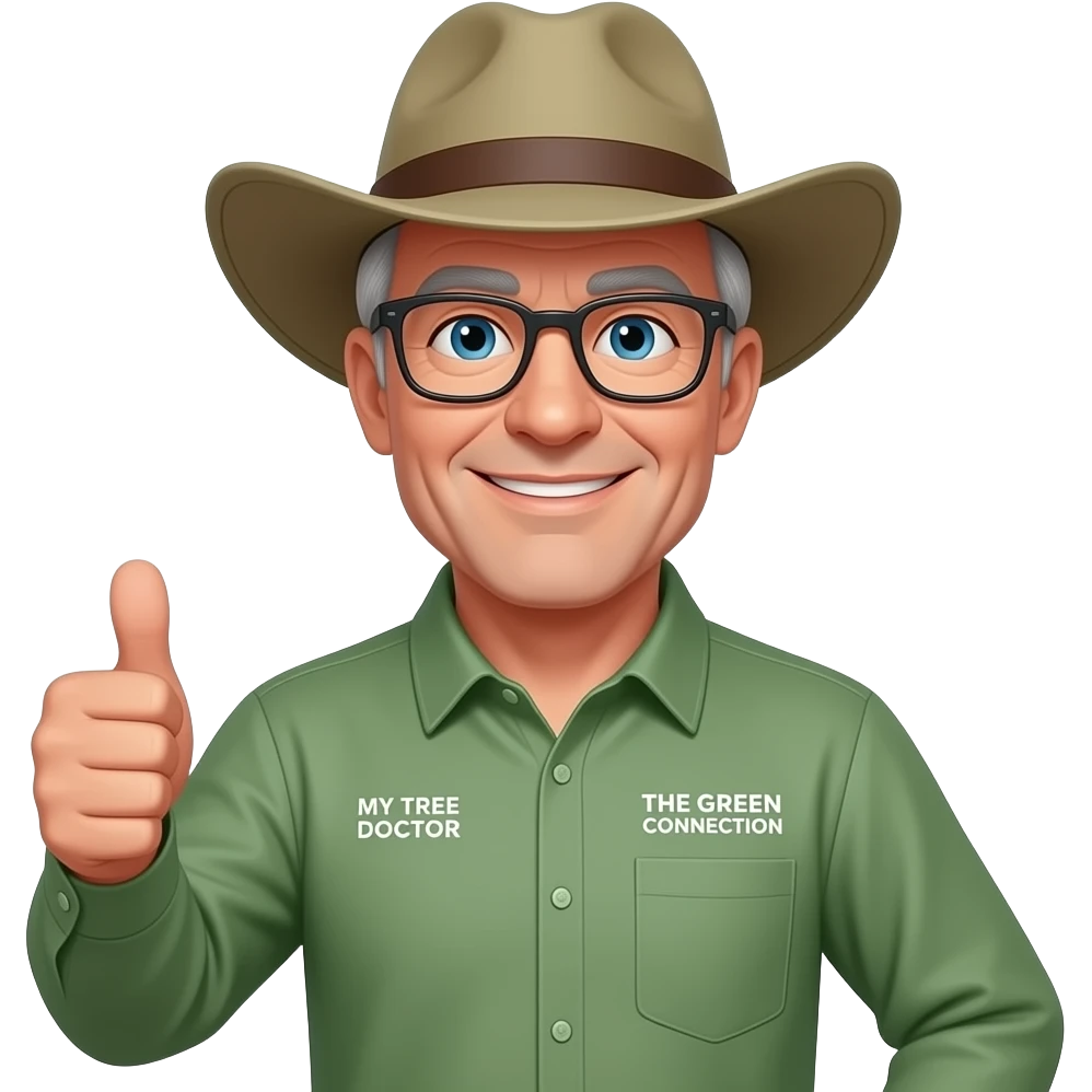 middle-aged, greyish haired man with blue, friendly eyes, dark-rimmed, rectangle glasses, in a green-collared, long-sleeve shirt with an wide-brim Akubra hat. Holding a thumbs up. On right pocket 'THE GREEN CONNECTION' in white. On left shirt pocket, written 'MY TREE DOCTOR' emoji