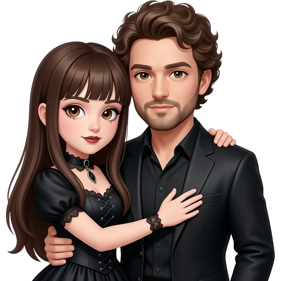 realistic pretty pale skin long straight brown hair girl brown eyes long face wearing gothic dress and gothic makeup HD and her man short brown curly hair and beard hugging emoji