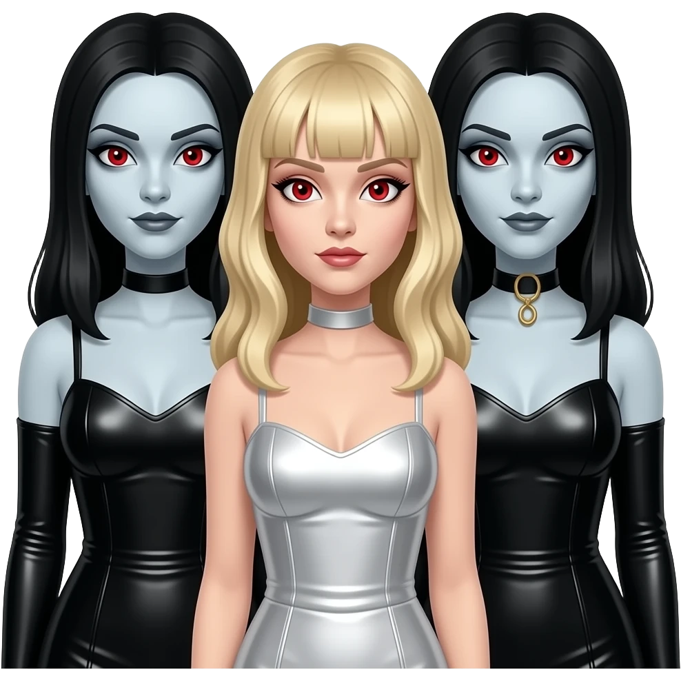 Brides of Dracula from Horror Film Heroes and Villains with two dark-haired girls with red eyes and black metallic dress, blond-haired girl with red eyes and white metallic dress emoji