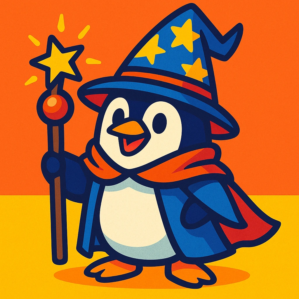 a penguin dressed as a wizard, with a pointy hat and a magic staff, in a fun and whimsical style, colorful vibrant toon style emoji