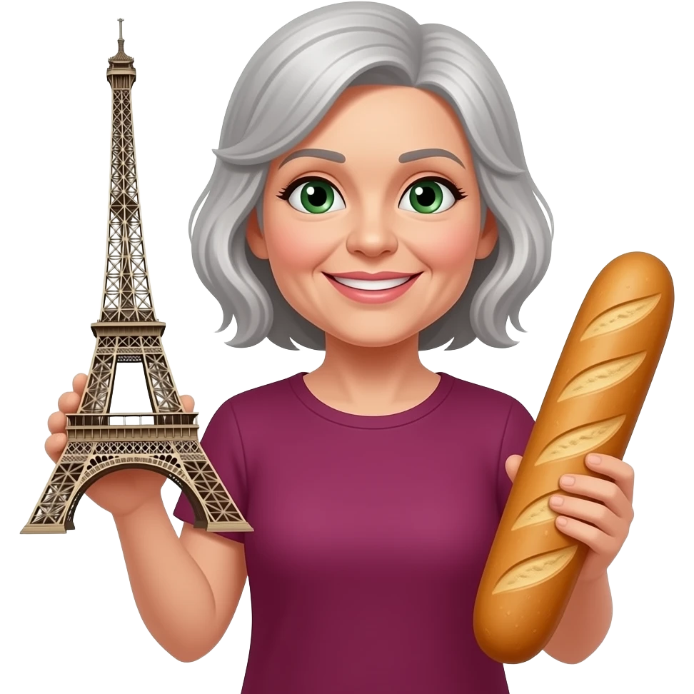 Lady around 55 with Green eyes beautiful grey hair with Eiffel tower in one Hans and French baguette in another with dark pink tshirt emoji