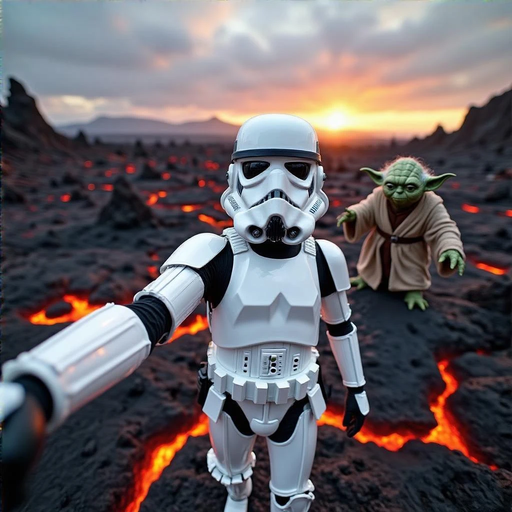 Camera POV, Starwars stormtroopers vlogging selfie, he is walking on lava planet with yoda emoji