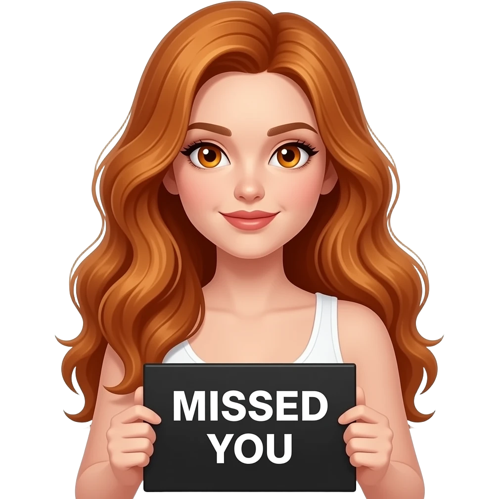 sexy girl with long wavy ginger hair and ginger eyes wearing a white tanktop is holding a black colored sign with MISSED YOU written on it emoji