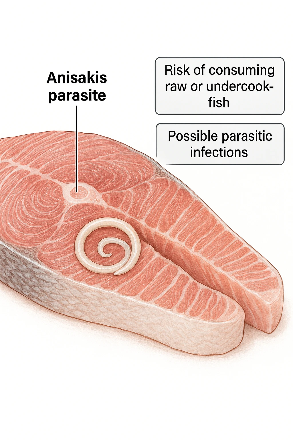 a close-up cross-section of a raw fish fillet, showing a white, coiled Anisakis parasite embedded in the muscle tissue. The parasite is clearly labeled, and the surrounding fish tissue is rendered in detail. The background is clean and white, with educational callouts explaining the risk of consuming raw or undercooked fish. emoji