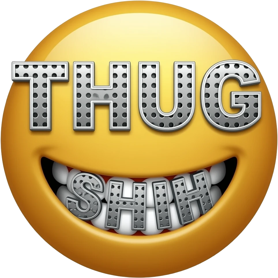 smiley face emoji grinning extra wide, like the teeth are the most visible part, but the teeth have grills that say THUG on the top row and SHIH on the bottom row emoji
