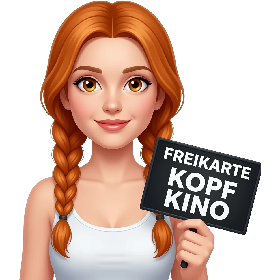 sexy girl with long ginger braids and ginger eyes wearing a white tanktop is holding a black sign with FREIKARTE KOPF KINO written on it emoji