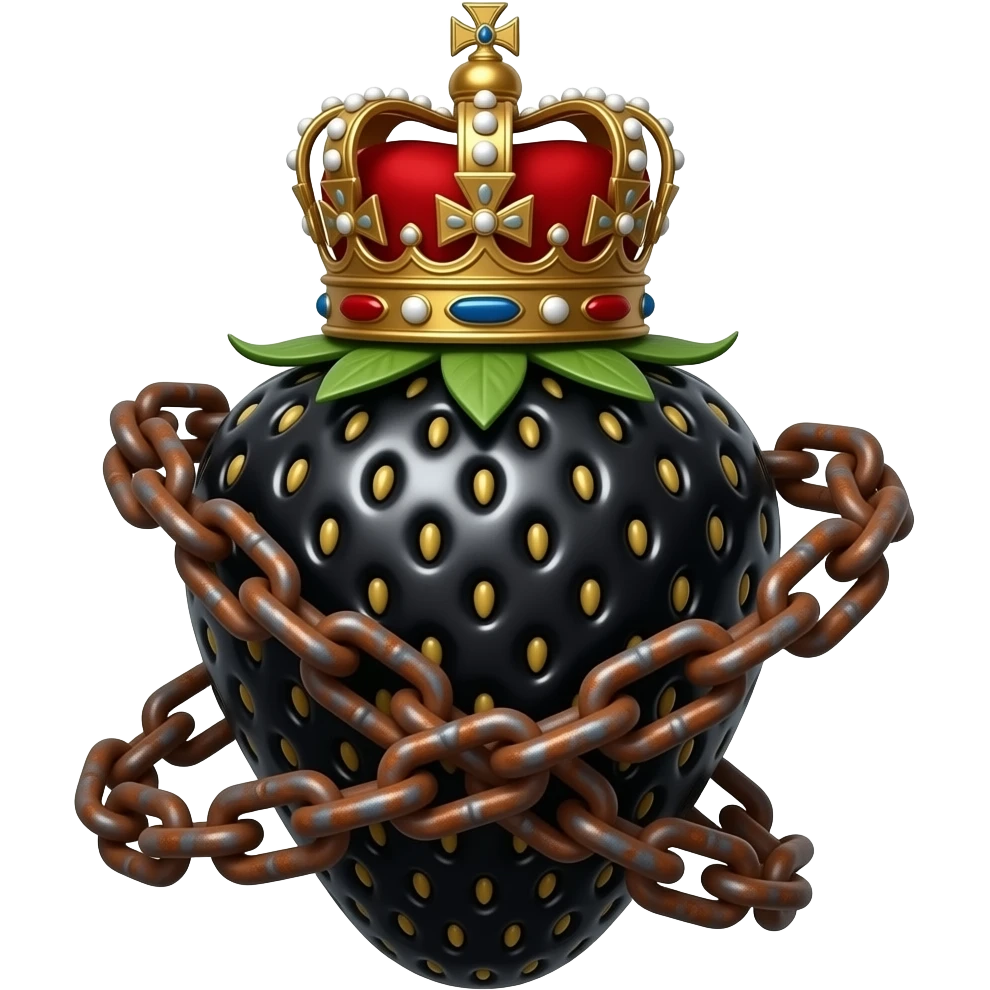 a black strawberry with a rusty, richly decorated English royal crown on top that is flaming. An oversized rusty chain is wrapped around the strawberry's body and is spinning around its body emoji
