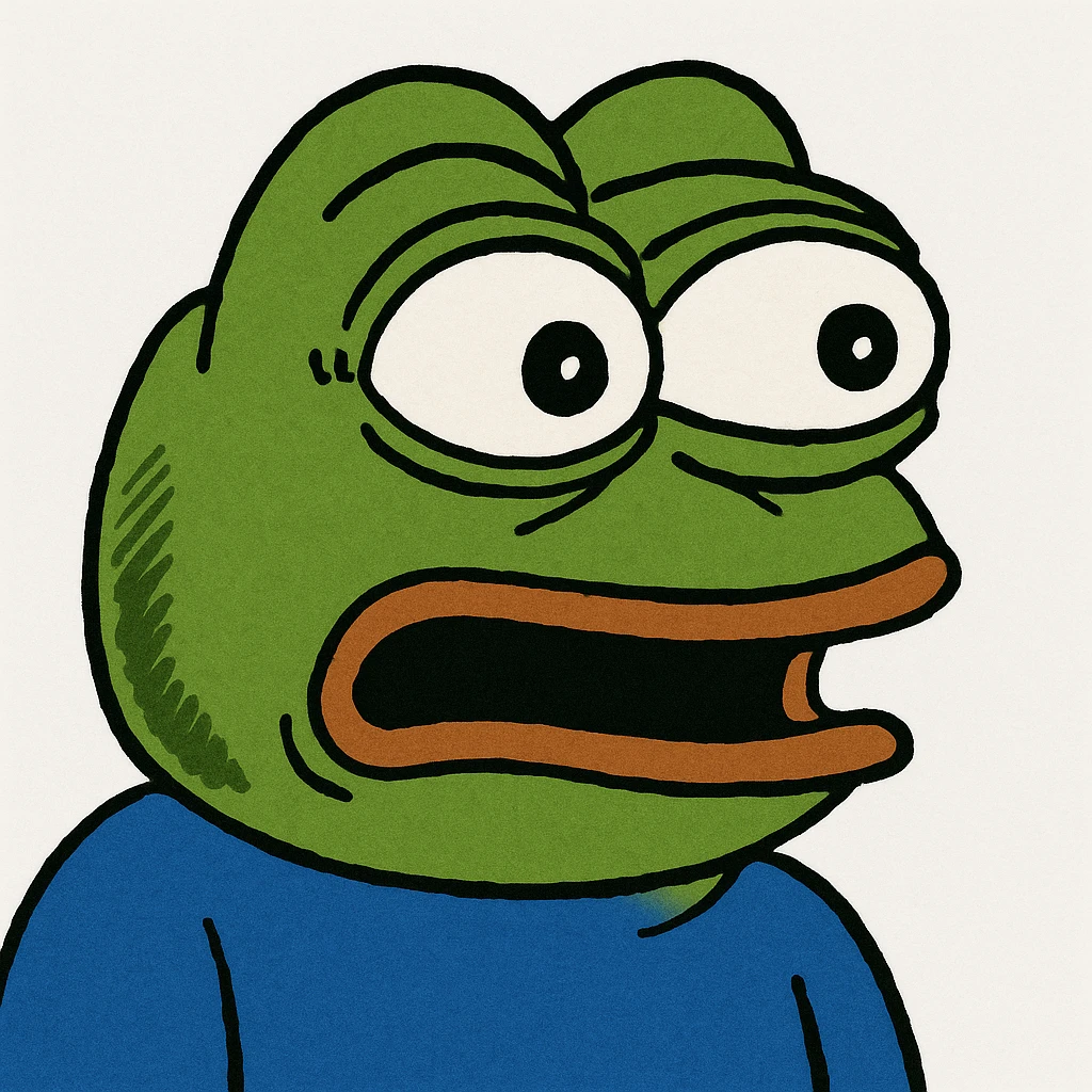 Pepe the Frog surprised, wide eyes and open mouth, meme style, green skin, blue shirt emoji