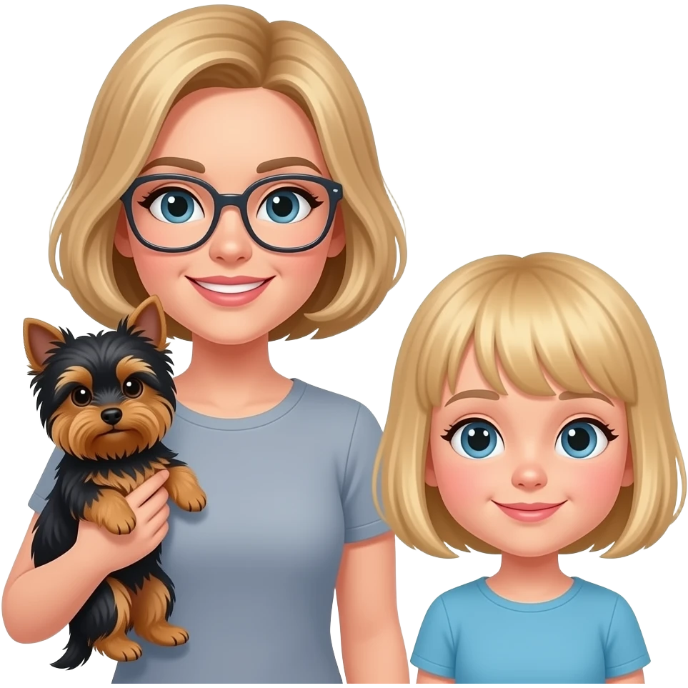 dark blonde woman with bob haircut with little Yorkshire full black without any brown brown and long hair in the eye and little blond girl with pixie cut emoji