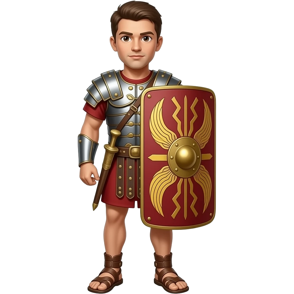 Athletic Roman soldier with brown eyes the Letter E on the shield emoji