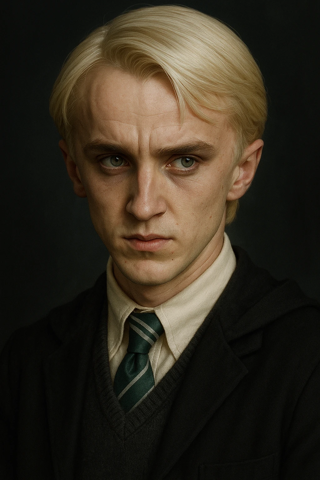 Draco Malfoy face inspired by Harry Potter, pale blond hair, sharp features, sly expression, school uniform, detailed portrait emoji