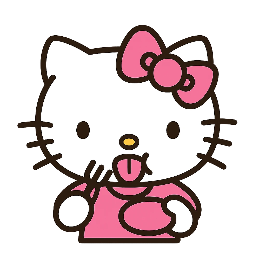 Hungry Hello Kitty emoticon, pink and white girly aesthetic, icon style emoji