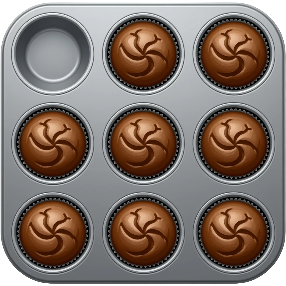 صينية المافن: صينية معدنية رمادية تحتوي على 12 قطعة من الكب كيك أو المافن البني. emoji