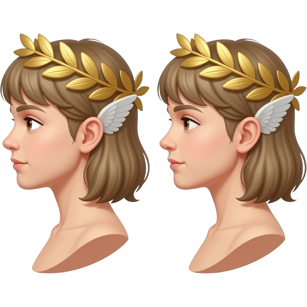 twins, two faces in profile in a parallel composition, they have small wings instead of ears and a laurel wreath around their heads emoji