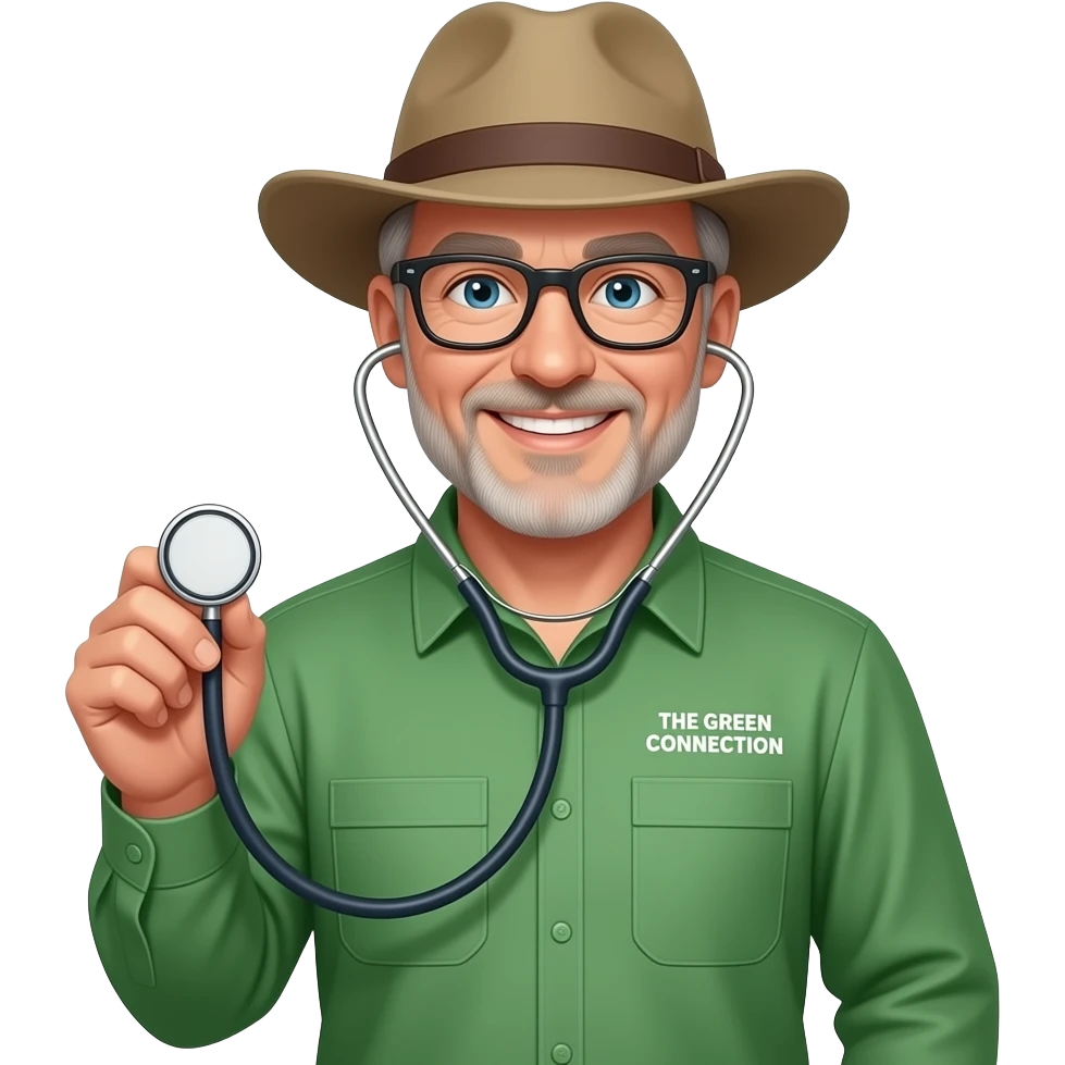 smiling middle-aged man blue eyes. Dark rectangle glasses, in green-collared, long-sleeve shirt.  Flatter wider-brim Australian Akubru hat. Holding a stethoscope. Insert 'THE GREEN CONNECTION' in white directly onto the left pocket & onto the right pocket, place only the words 'MY TREE DOCTOR' emoji