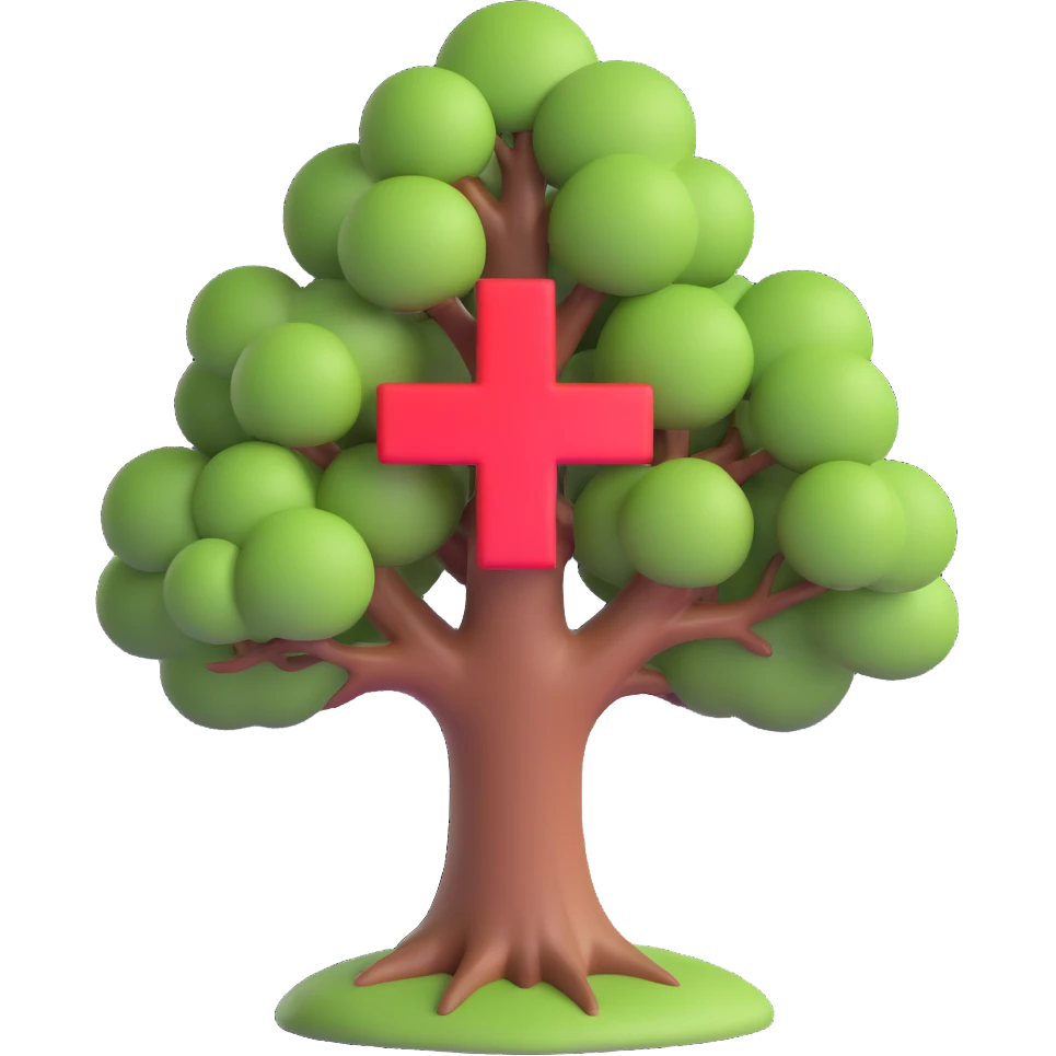 3D illustration of a full color tree with a red cross at its center, symbolizing healthcare emoji
