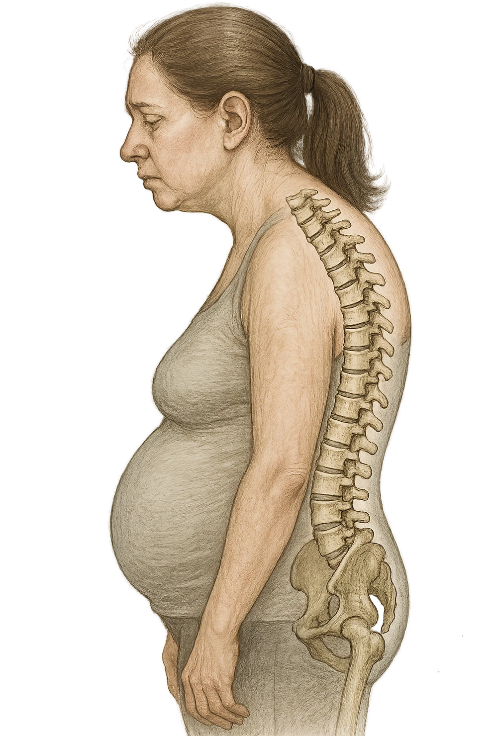 DONNA DI PROFILO CON LA POSTURA SBAGLIATA, SPINA DORSALE UMANA ANATOMICA REALISTICA IN EVIDENZA, LA PANCIA IN FUORI E LE SPALLE CHIUSE emoji