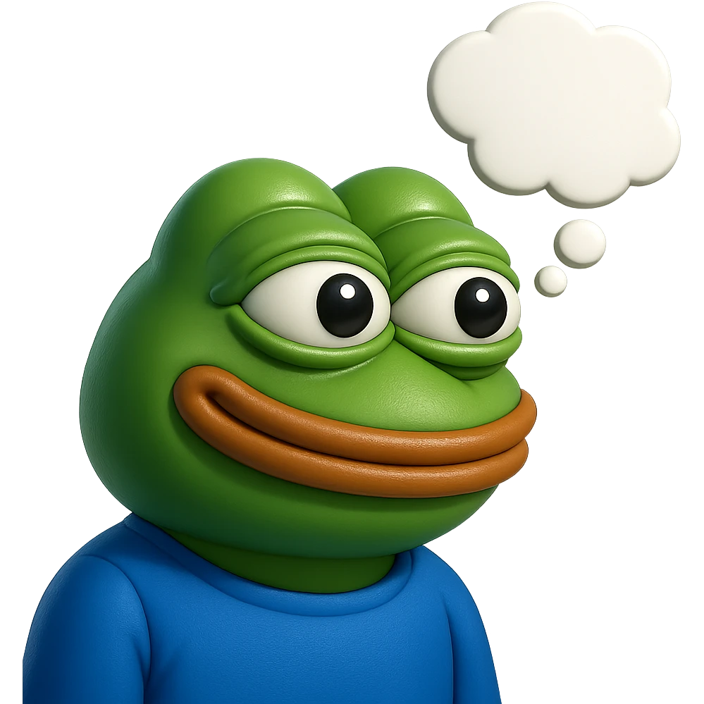 make a pepe in bright green smiling with thought bubble looking at left side in 3d style, good highlights and shadows, drop shadows emoji