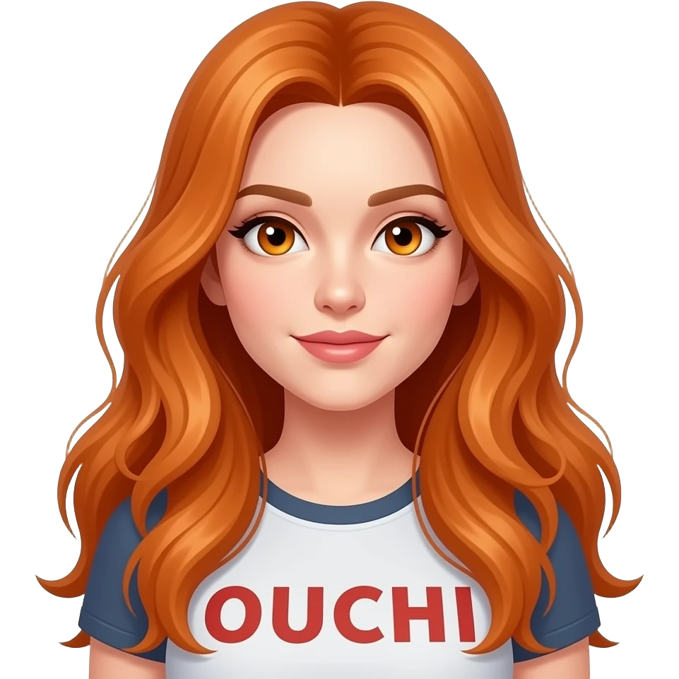 sexy girl with overlong ginger hair and ginger eyes a top with OUCHI... written on it emoji