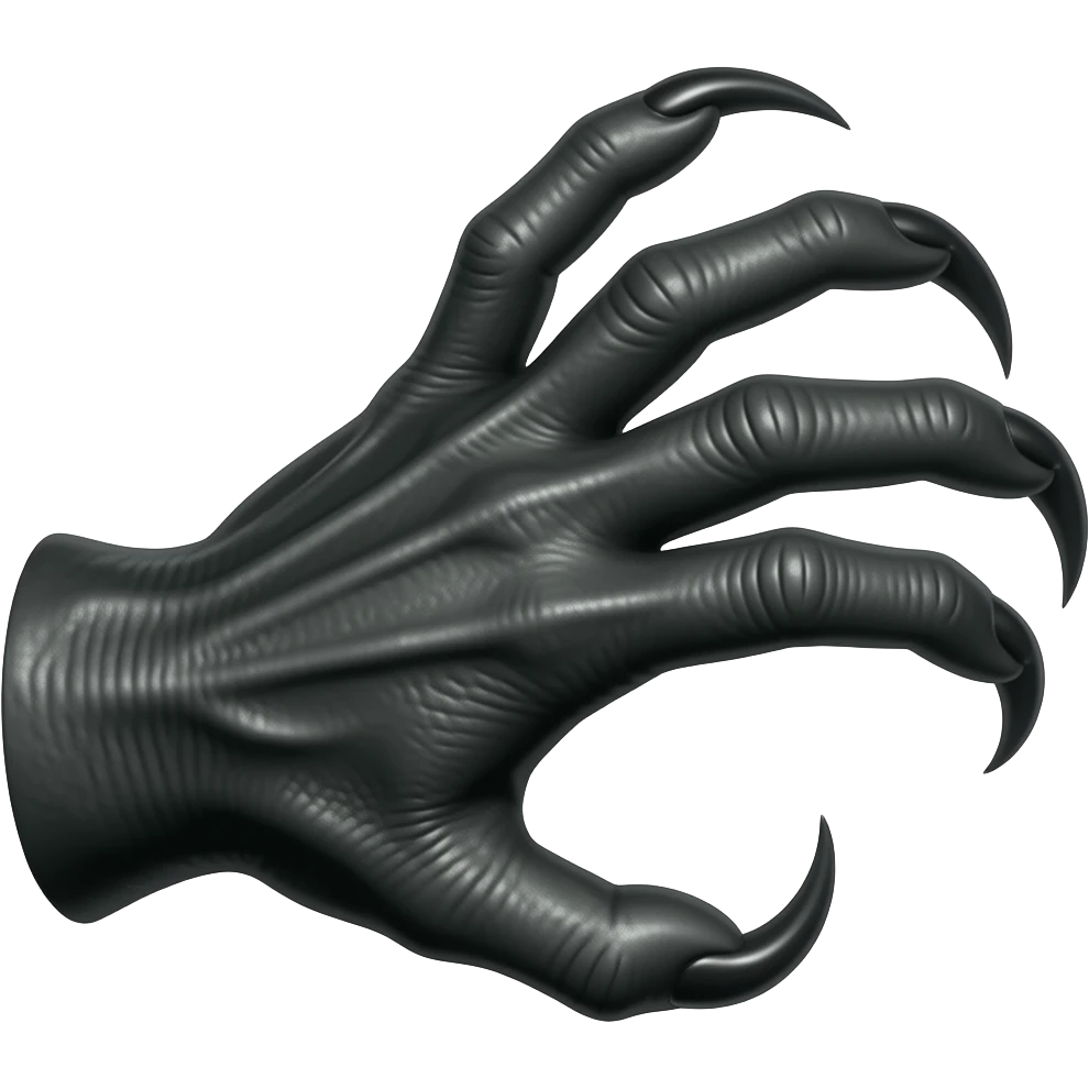 Long dark Demonic hand with sharp claws. Make the hand reach out to attack and slash towards the right of the image violently. Shift the perspective to a side profile to show the curvature and length of the claws more clearly. emoji