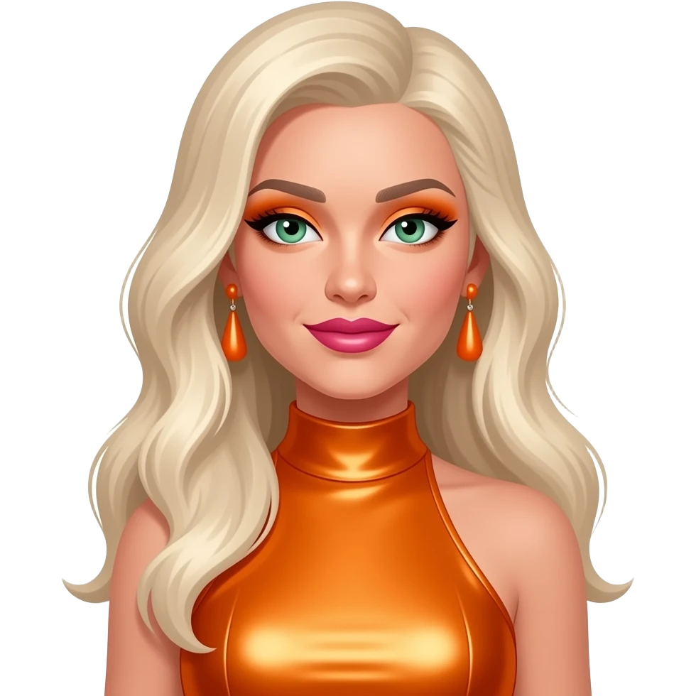 Miranda from Diva Starz with green eyes, long platinum blonde hair, orange eyeshadow, hot pink lipstick, orange metallic high neck dress, orange earrings emoji