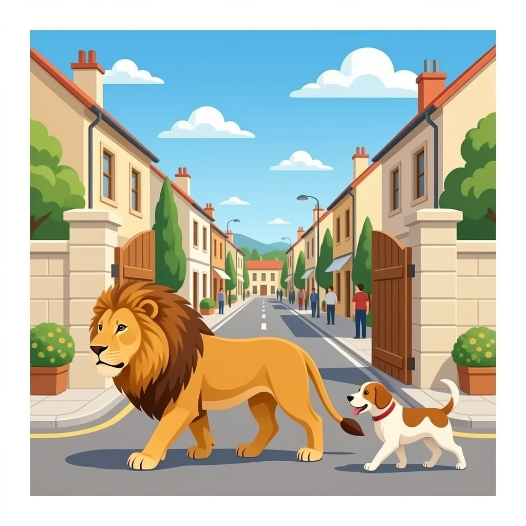 quiero que en un pueblo este un leon y un perro andando por la ciudad y que las persoans esten en las acsas cerrradas con madera para que no entren y que no hayan personas en la calle emoji