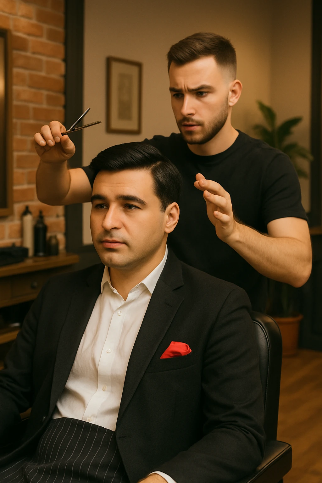 manashu akani yuzlaridan foydalanib sartarosh chizib bergin u soch olishga tayyor turganini chizib ber old rakursda bulsin mijoz tugriga qarab utirganini va sartarosh uni orqasida turib bitta ulida qaychi, ikkta quli bilan tayyorgarlik kurib turganini chizib ber xuddi 1,2,3 boshladik degandey birdaniga ishga kirishib ketadigan dek tayyor bulib tursin emoji