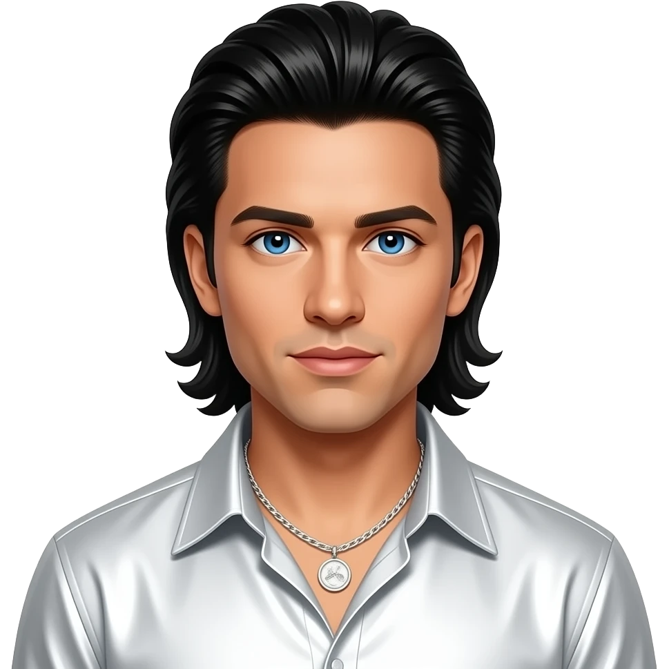Kevin Richardson from Backstreet Boys with blue eyes, long black 90s slick back hair, white metallic shirt, white necklace emoji