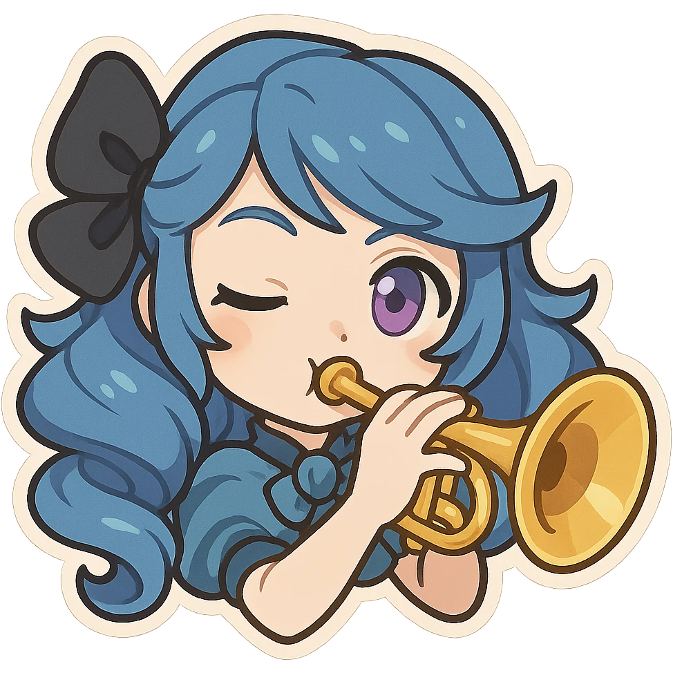 chibi style emote of Gwen from League of Legends, just the head, right eye purple, playing a trumpet, winking emoji