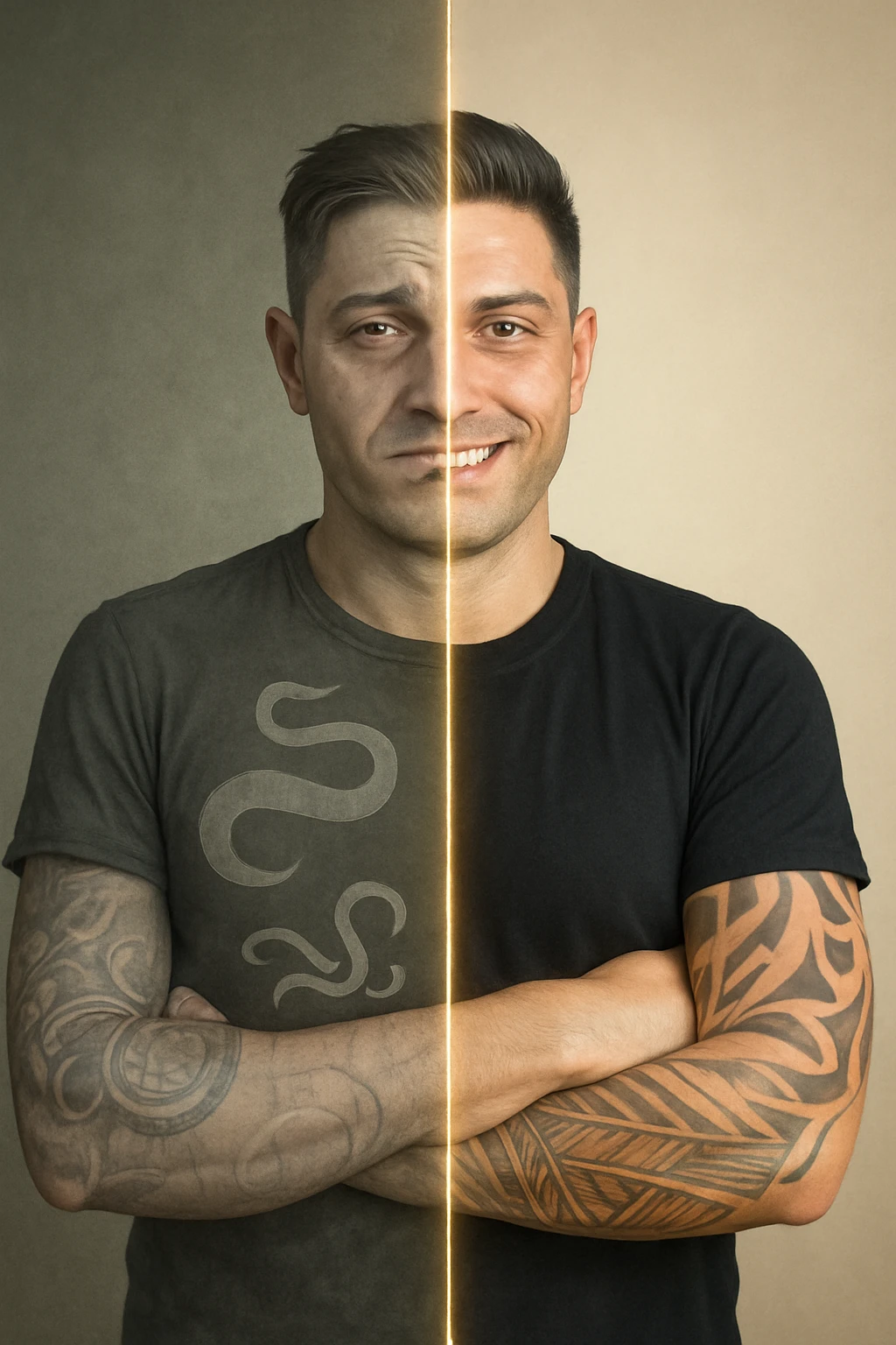 a man is depicted in two halves—on one side, he appears tired and weighed down, with faint, ghostly images of parasites visible inside his torso; on the other side, he is vibrant and healthy, with clear skin and bright eyes, the parasites gone. A visual transition or glowing line separates the two states, symbolizing recovery. emoji