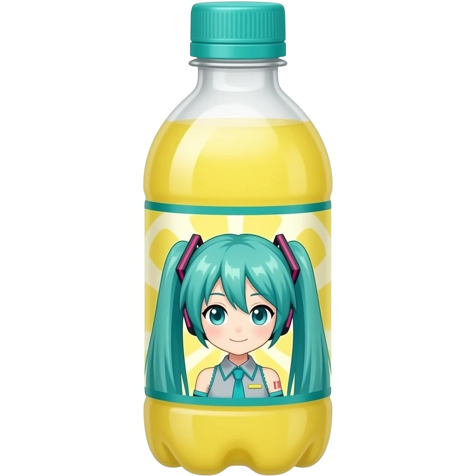 bottle of lemonade, with a miku hatsune label, yellow lemonade, teal cap emoji