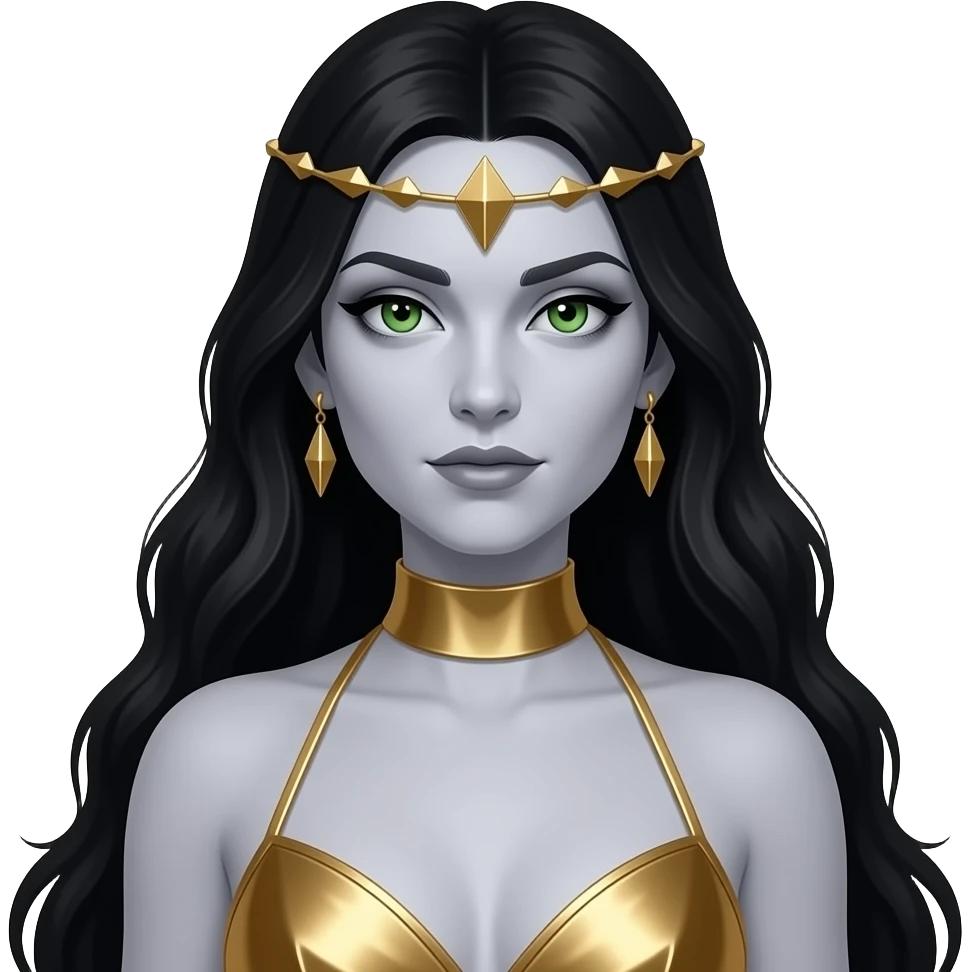 Akasha from The Vampire Chronicles with pale-grey skin, green eyes, long black hair, gold metallic halter dress, gold collar and headdress, gold earrings emoji