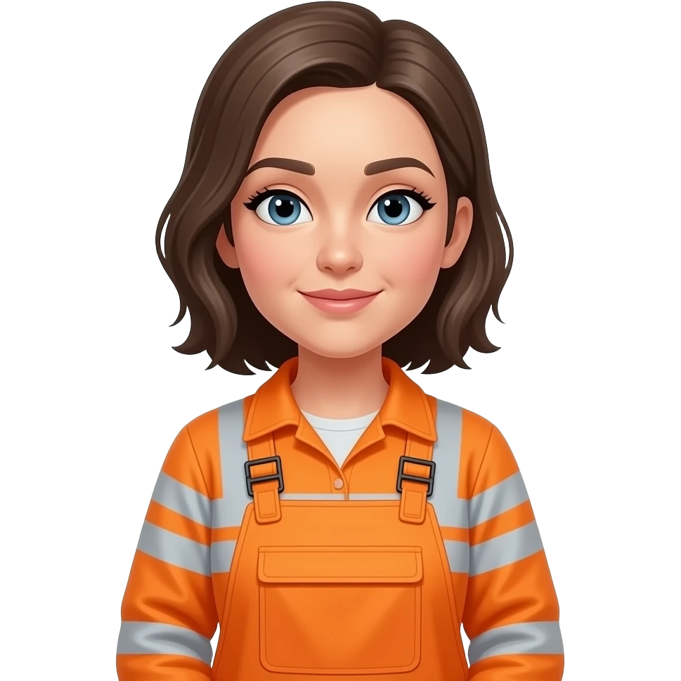 woman, standing in full orange hi-vis overalls with sleeves, looking down emoji