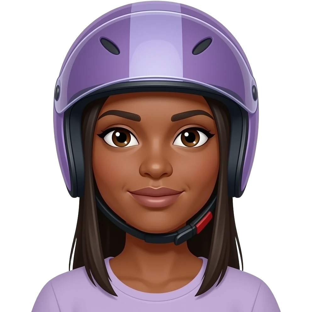Mujer morena y blanca de cabello lacio en moto con casco color lila y morado emoji