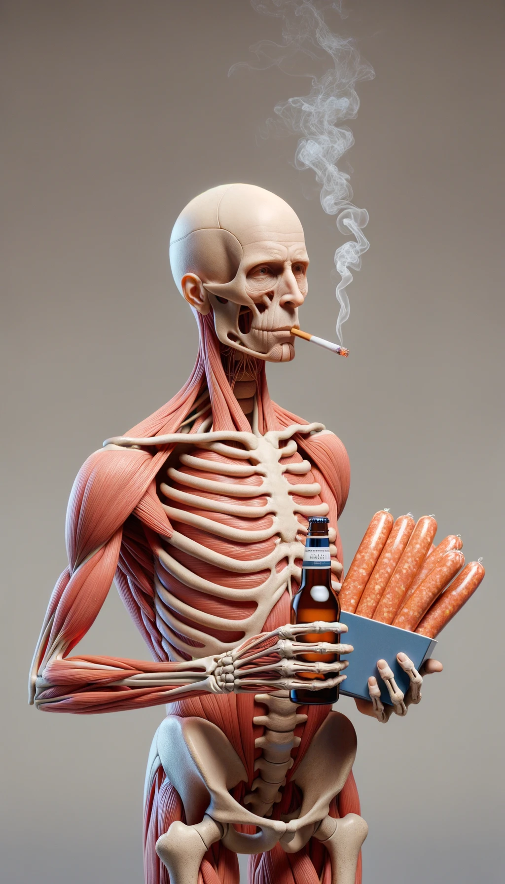CORPO UMANO ANATOMICO TIENE UNA SIGARETTA IN BOCCA E STA FUMANDO MENTRE TIENE TRA LE BRACCIA UNA BIRRA E WURSTEL CONFEZIONATI, LI GUARDA CON ESPRESSIONE INDECISA IN VOLTO, NEUTRAL CLEAR BACKGROUND, iperrealistico 4k emoji