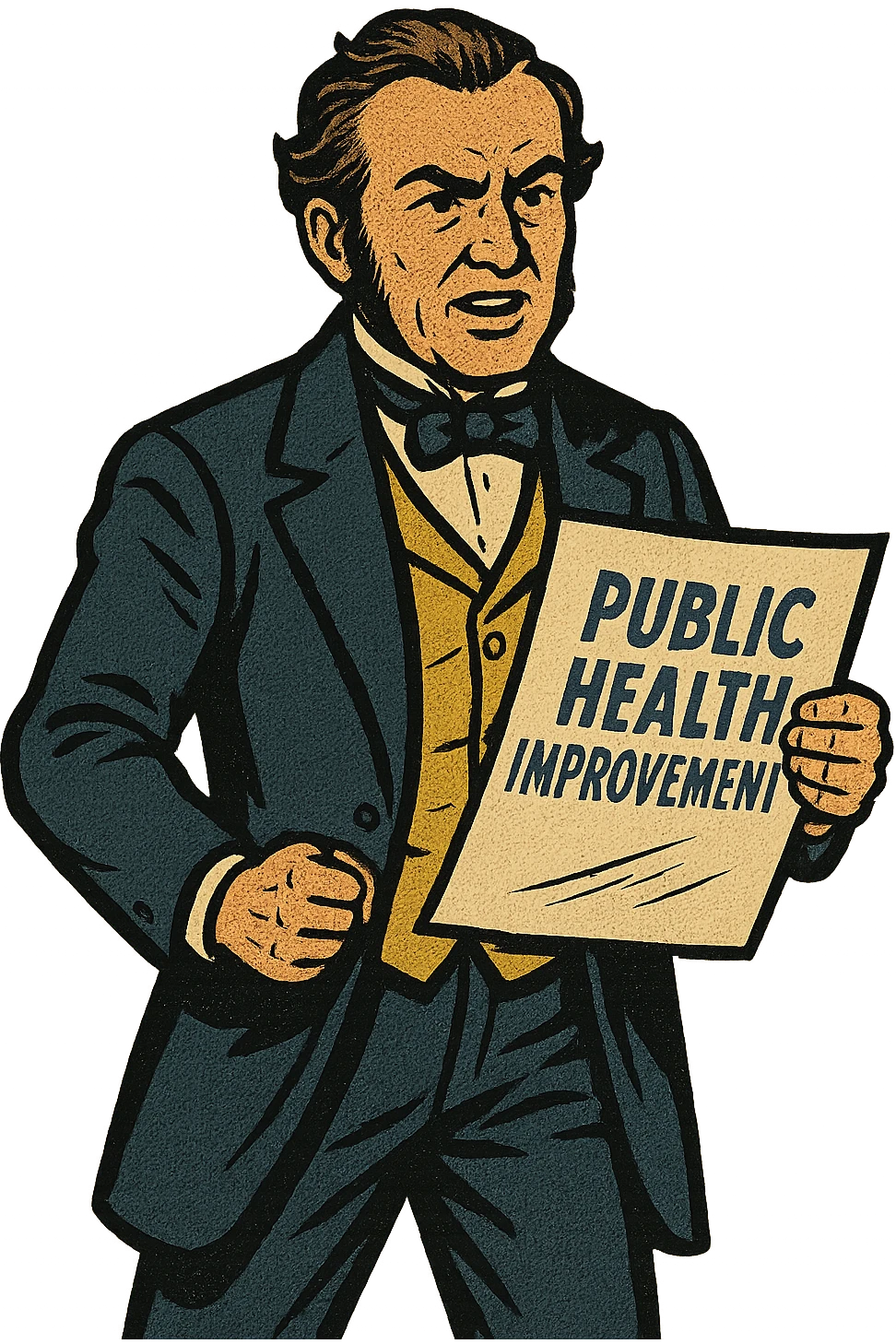 the full image of a middle aged victorian politician holding a document in his left hand which reads 'Public Health Improvement'. emoji