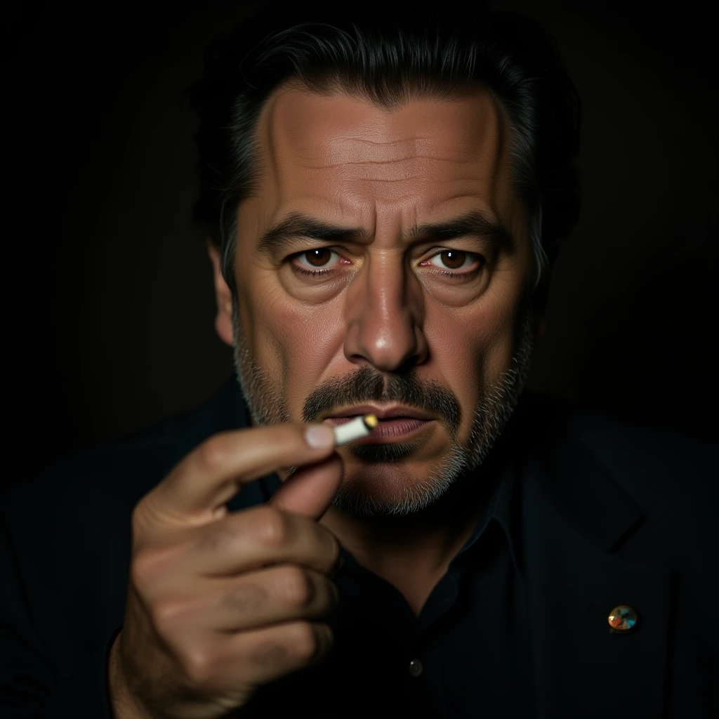 realistic close-up of a man resembling Robert De Niro in Goodfellas, cigarette in hand, serious expression, dramatic lighting emoji