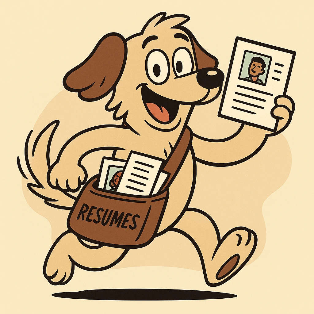cheerful dog with a mailbag, delivering resumes, wagging tail, cartoon style, symbolizing finding and sending talent emoji