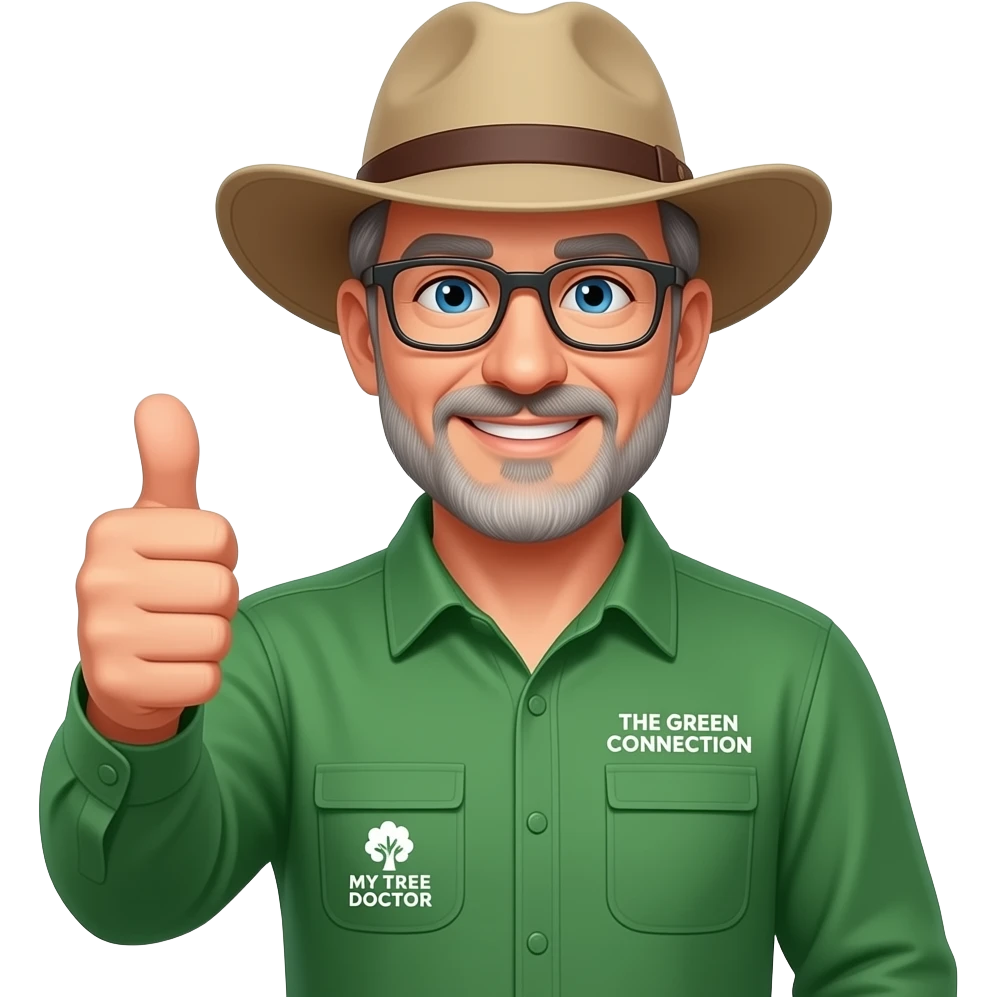 wide-smiling middle-aged man blue eyes. Dark rectangle glasses, green-collared, long-sleeve shirt, thumbs up.  Wide-brim Australian Akubru hat.  Insert 'THE GREEN CONNECTION' in white directly onto the right side pocket & 'MY TREE DOCTOR' onto the left side pocket emoji
