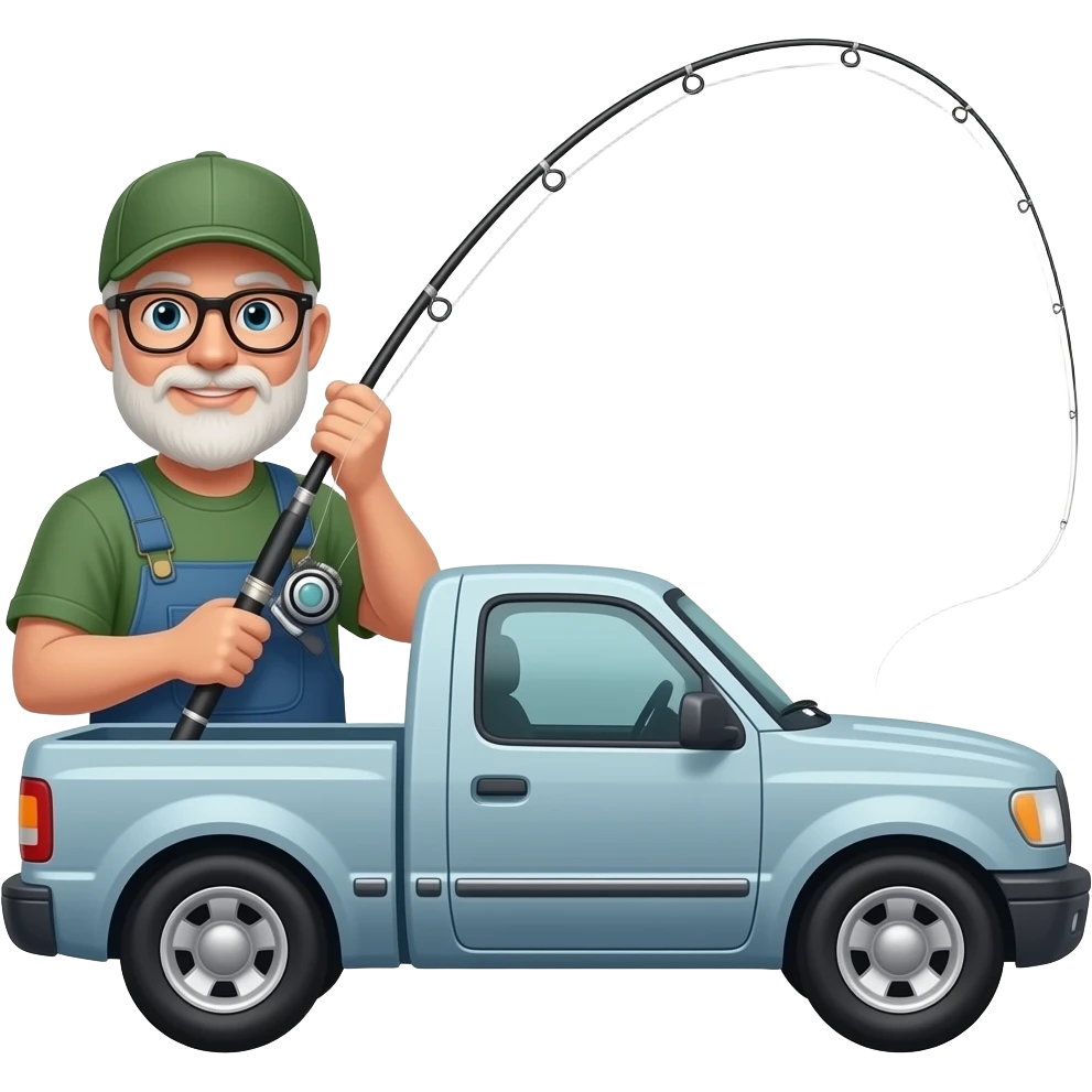 a fishermen standing behind a truck with a huge bent fishing rod emoji
