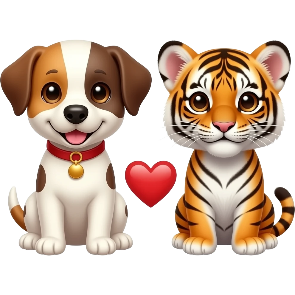 puppy dog and tiger cub with soulmate love heart in between emoji