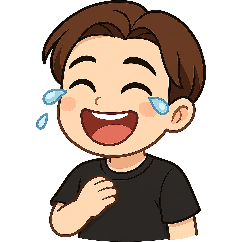 A cartoon man matching the reference image, laughing with 1-2 tears of laughter coming from his eyes. He wears a plain black t-shirt with no spots. Style: chibi stickers. emoji