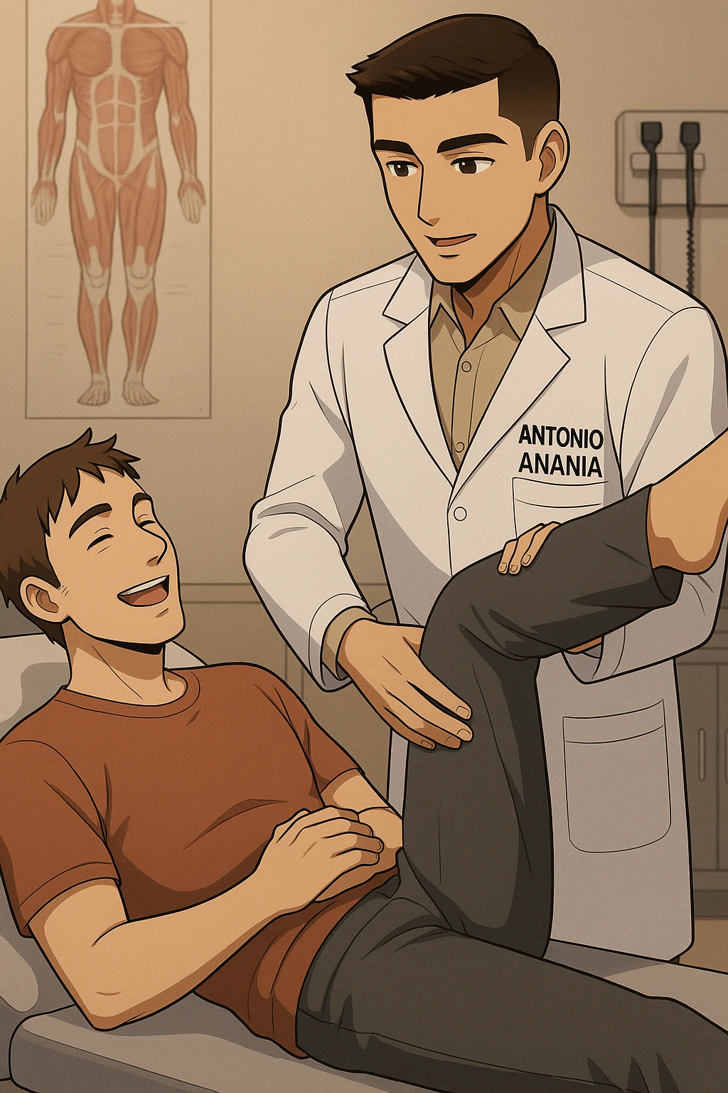 fai un webtoon manga a colori con questo stile, in cui un uomo è steso sul lettino medico e il kinesiologo con il camice bianco (fagli anche la scritta "ANTONIO ANANIA" SUL CAMICE, gli solleva una gamba per fargli il test neuromuscolare, IL KINESIOLOGO SPIEGA ALL'UOMO UNA cosa mentre gli alza la gamba. l'espressione dell'uomo è felice e soddisfatta, non fare i fumetti però, fai solo in modo che sembri stiano parlando, il lettino fai in modo che si veda tutto intero emoji
