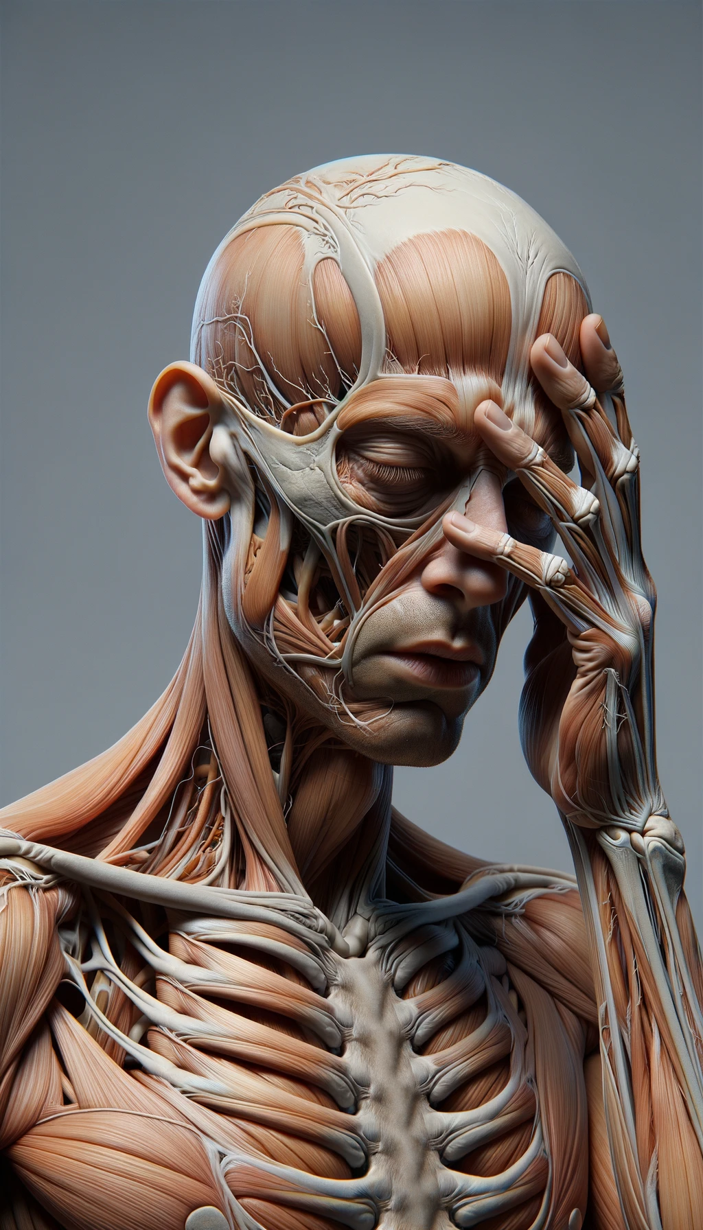 CORPO UMANO ANATOMICO A FIGURA INTERA STANCO CON MANO SULLA FRONTE, IPERREALISTICO 4K emoji