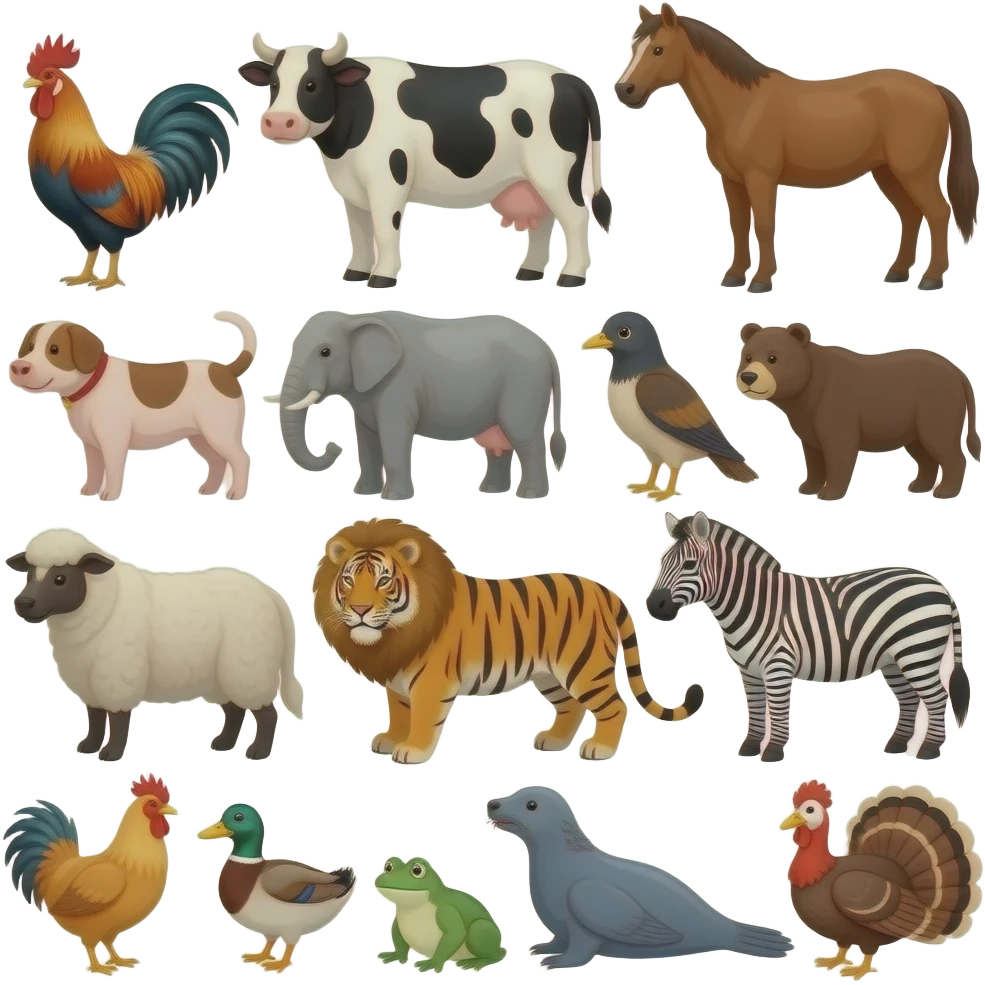 Different animals pig rooster cow horse dog cat elephant bear bird sheep tiger lion zebra chicken duck frog seal and turkey emoji