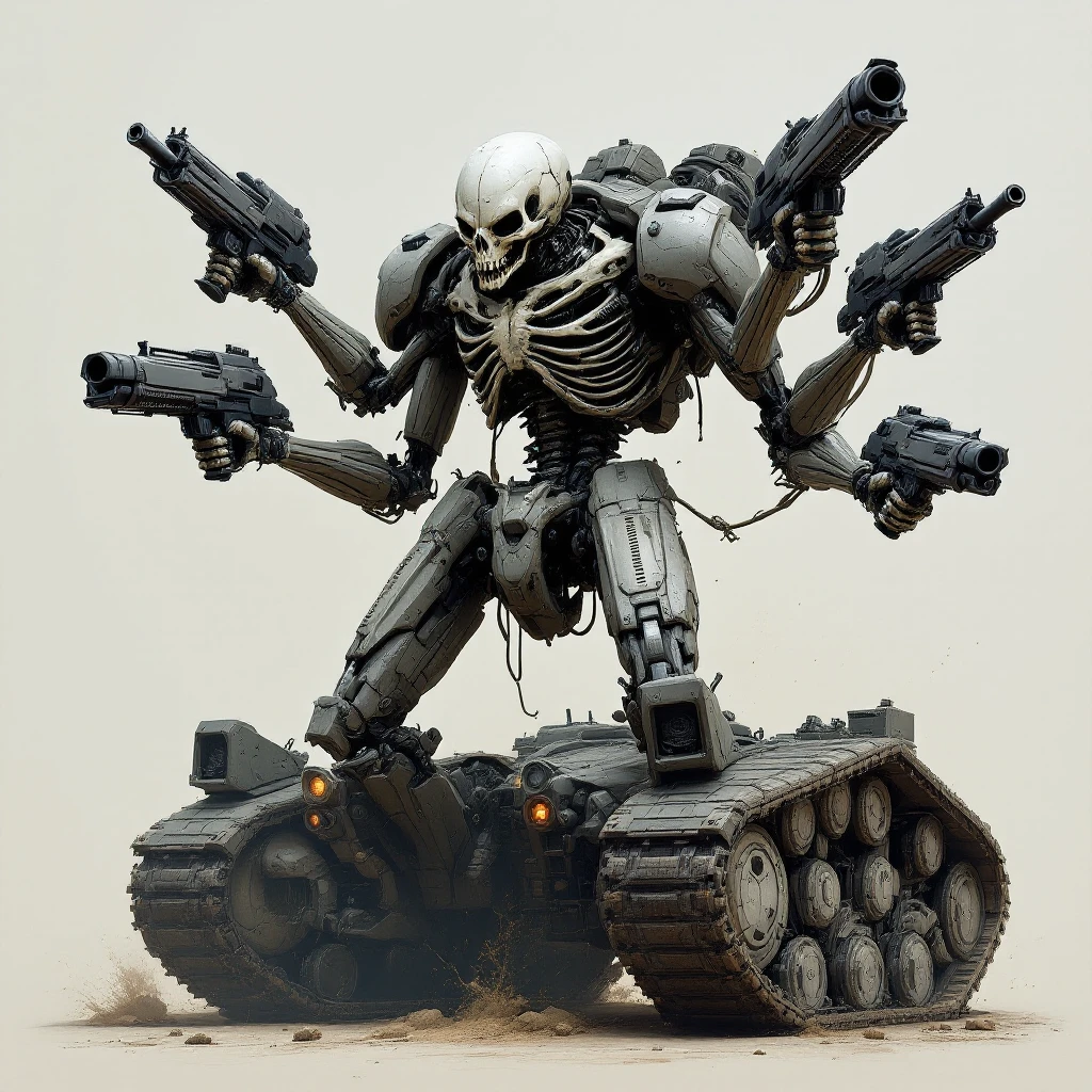 Intimidating sci-fi skull tank with humanoid torso and four arms each holding a gun, no legs, lower half is a bulky tank chassis, head and torso out in front, aggressive pose, matching attached reference emoji
