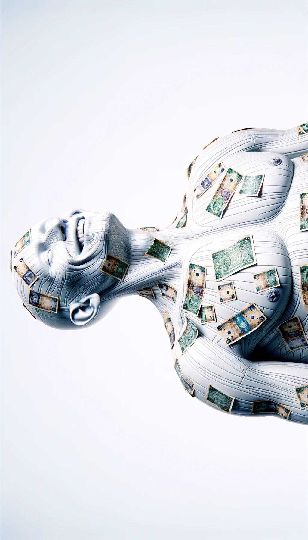 corpo umano anatomico sereno e felice con banconote sparse appiccicate sul corpo, espressione stupita, iperrealistica 4k, isolato su sfondo bianco emoji