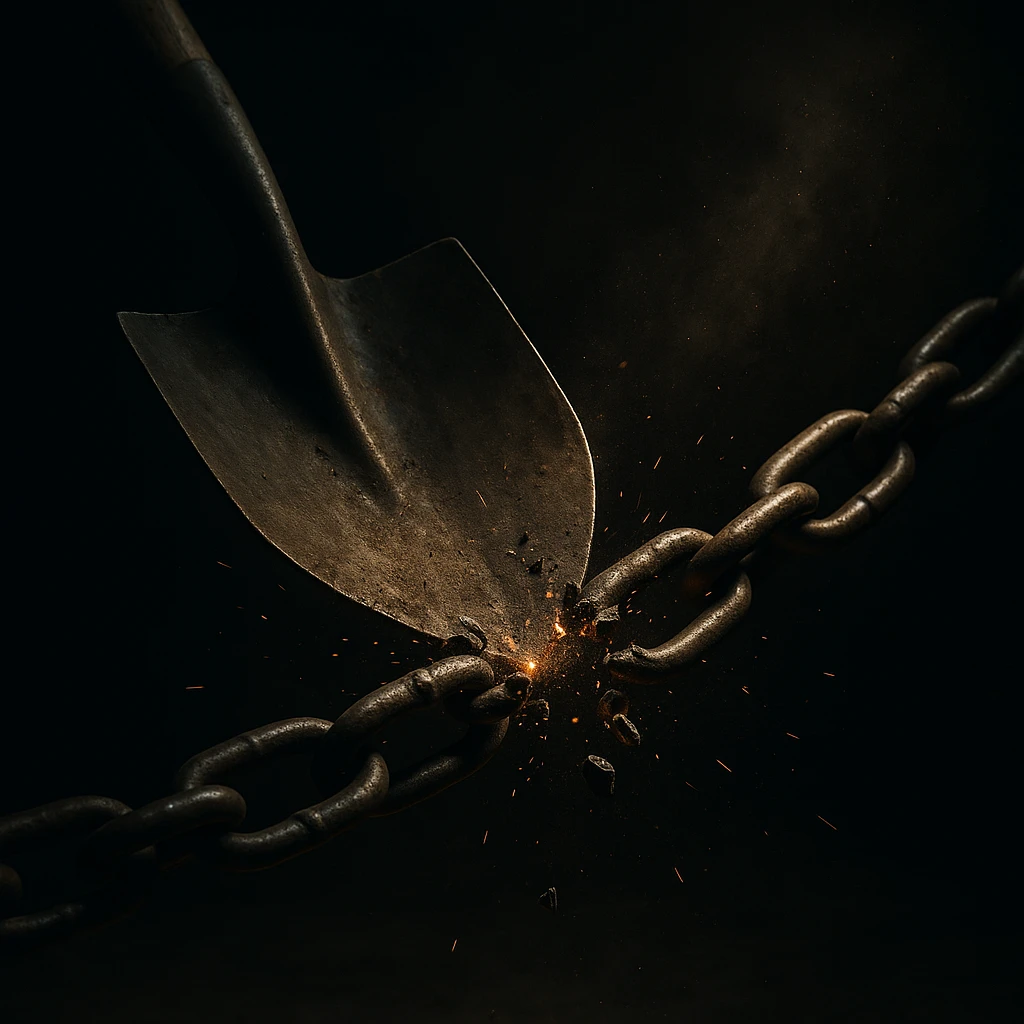 a shovel breaking a chain, dramatic lighting, semi-realistic emoji