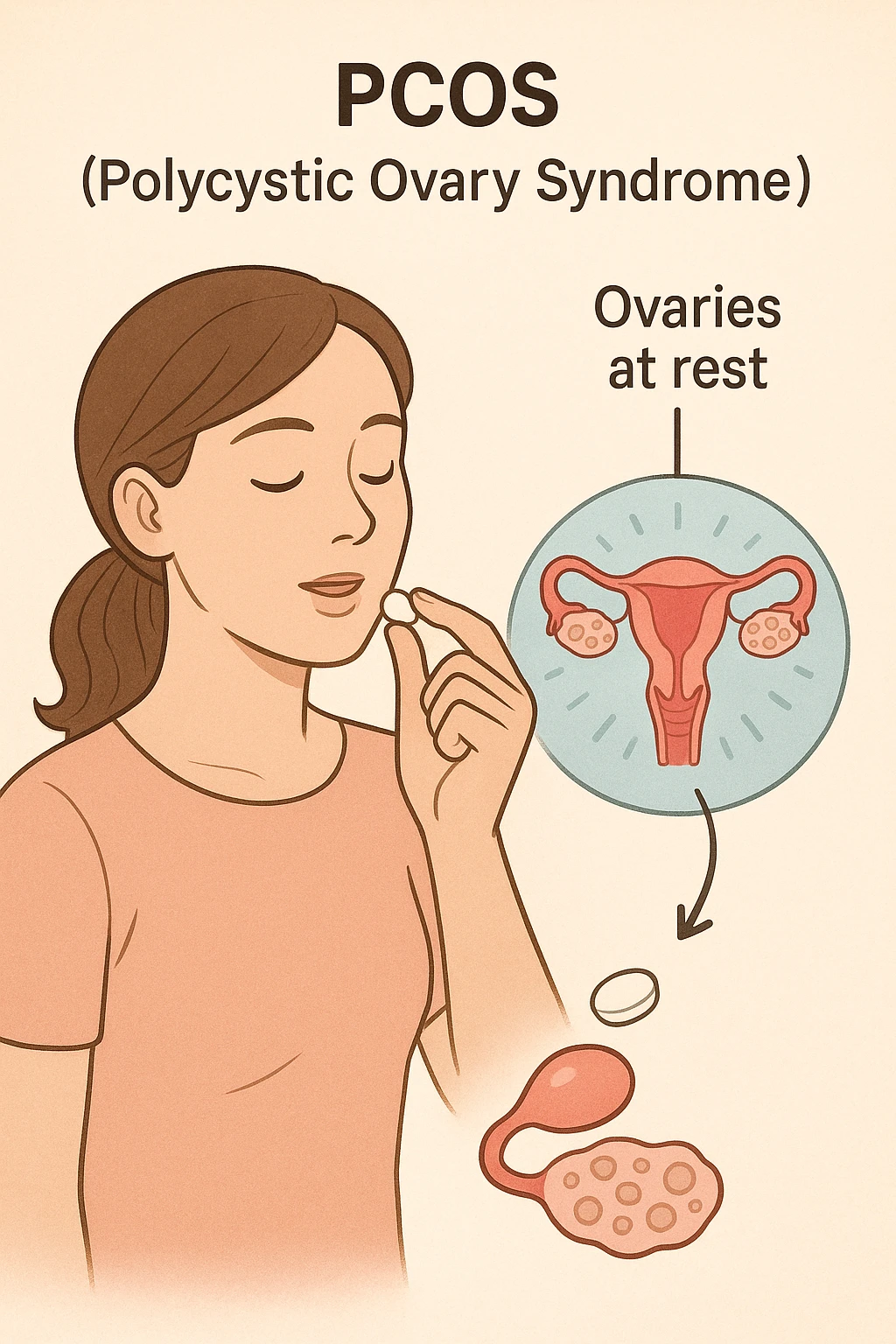 Donna con pcos che prende la pillola, e la pillola mette a riposo le ovaie emoji